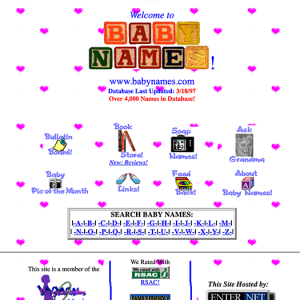 Screenshot of BabyNames.com in 1996