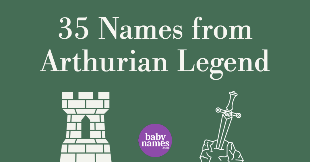 There are images of a sword in a stone and a castle turret below the title 35 names from Arthurian Legend