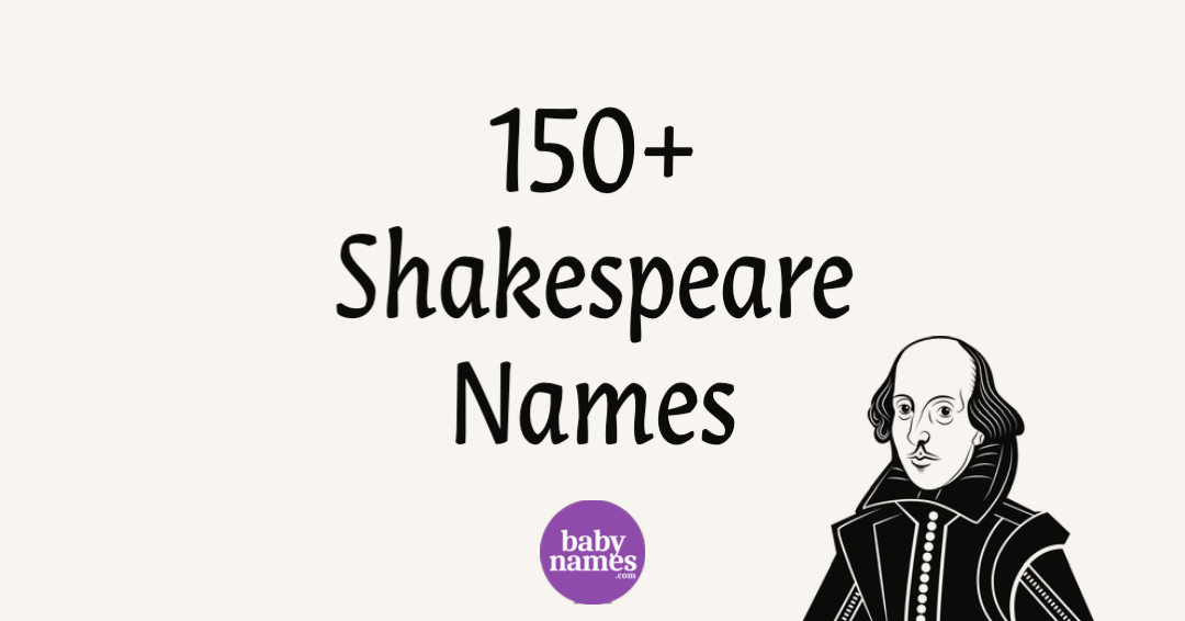 There is an illustration of William Shakespeare and the title is 150+ Shakespeare names