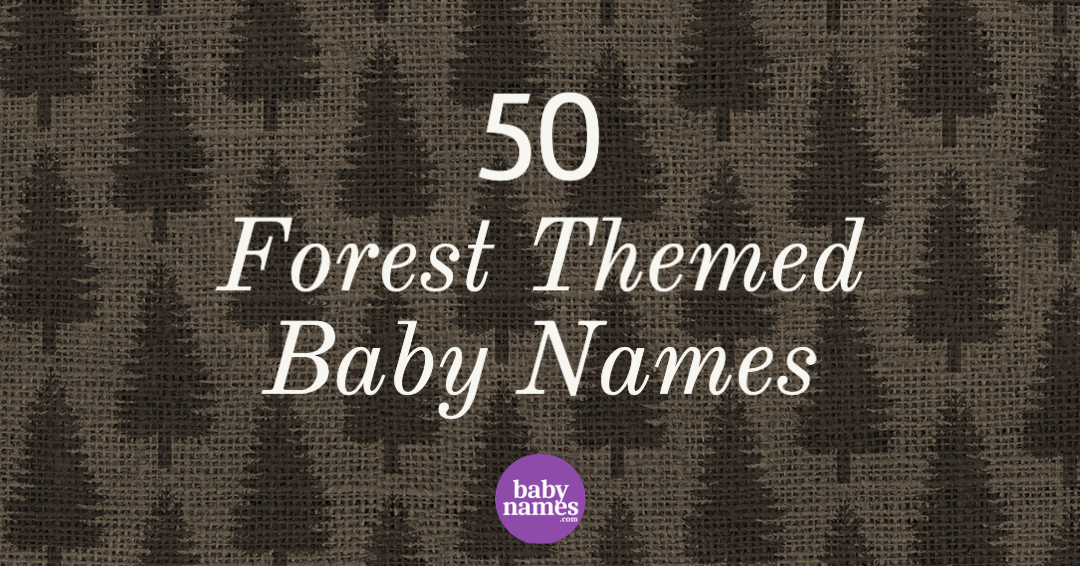 The background is a pattern of trees and the title is 50 forest themed baby names.