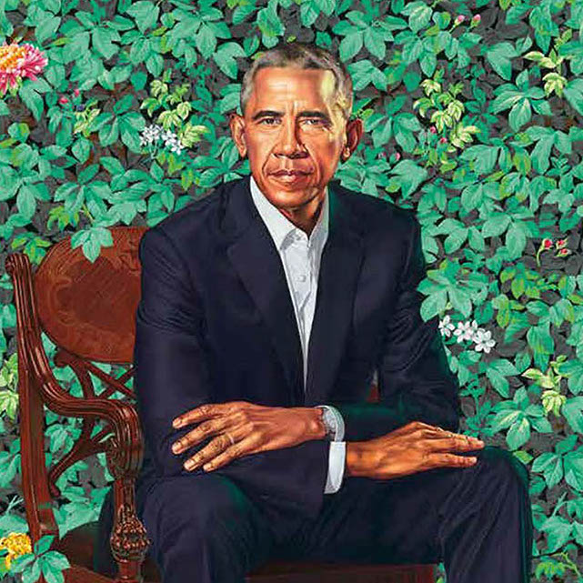 Presidential Portrait of Barack Obama sitting in a chair with leaves and flowers behind him.