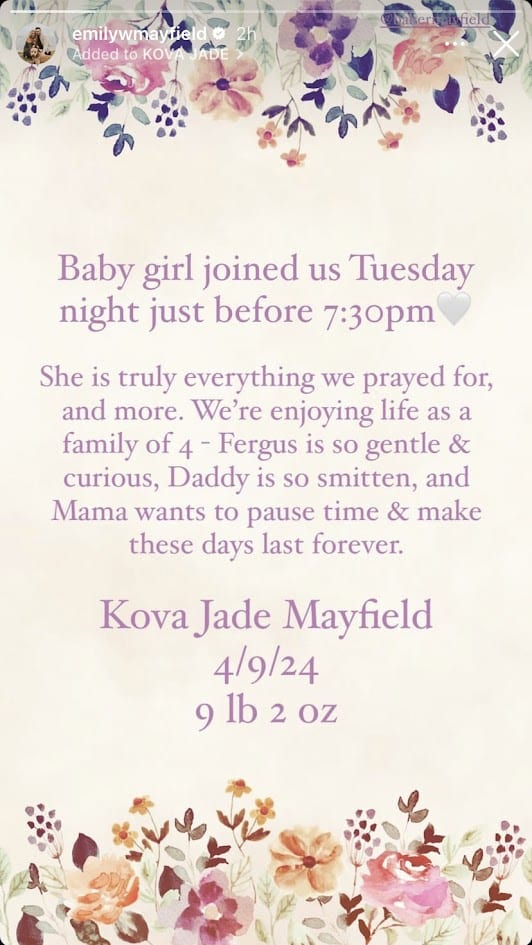 Emily Mayfield daughter announcement
