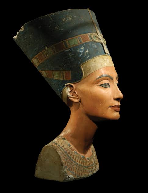 Head sculpture of Egyptian queen nefertiti with tall blue hat