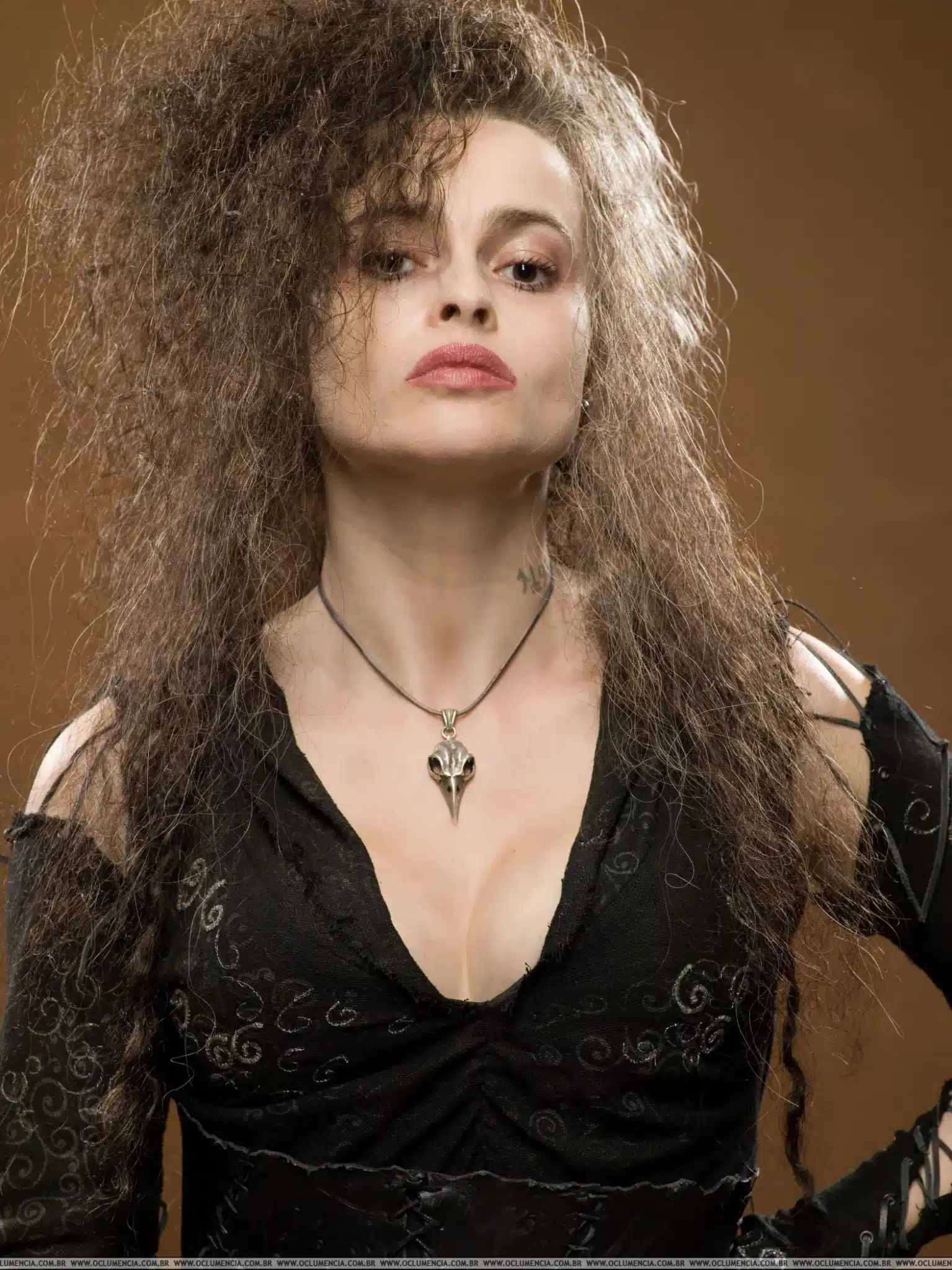 Actress Helena Bonham Carter in black playing Bellatrix Lestrange