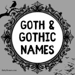 Goth & Gothic Names title card in a black frame with bats and a raven on a branch