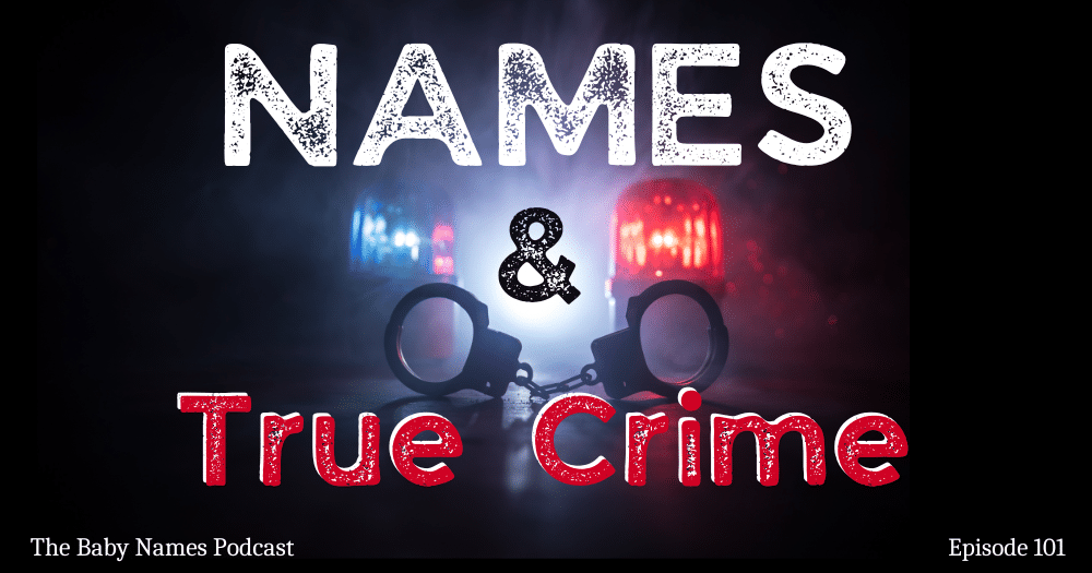 Names and True Crime words against police lights and handcuffs